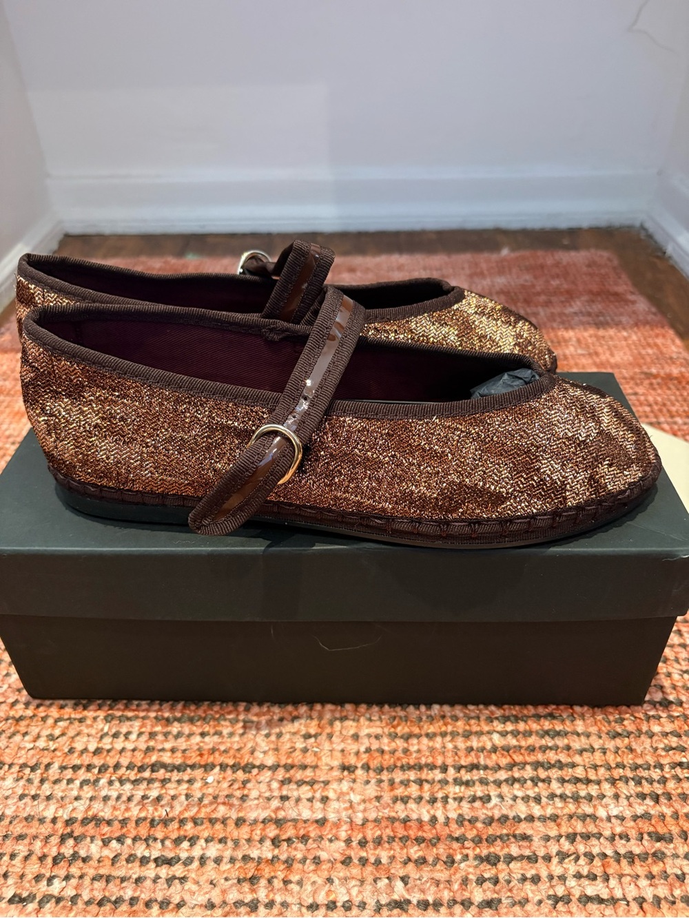 Flabelus Isabel Women’s Mary Jane Flats in Brown Metallic Knit - Picture 2 of 5